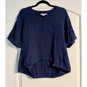 Chico's Gauze Top Women Size 1 M Navy Blue High-Low Cinch V-Neck